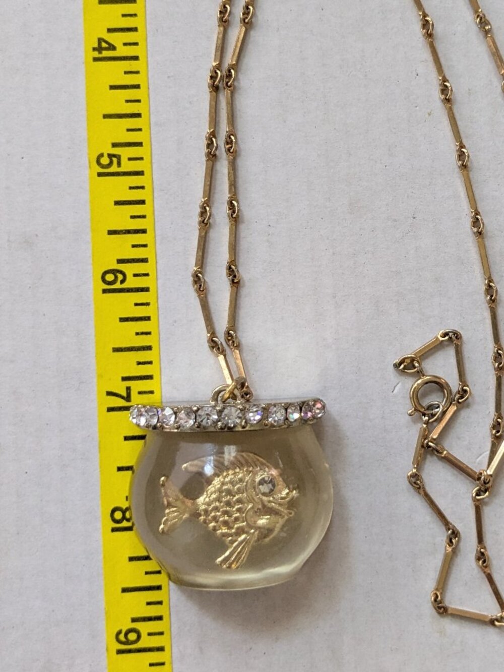 Vintage Unique Lucite Resin Fish in Bowl Rhinestone Pendant Necklace